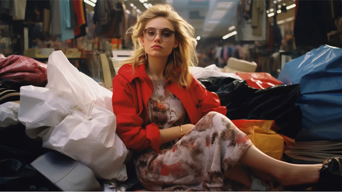 Woman at a fast fashion factory among a lot of clothing